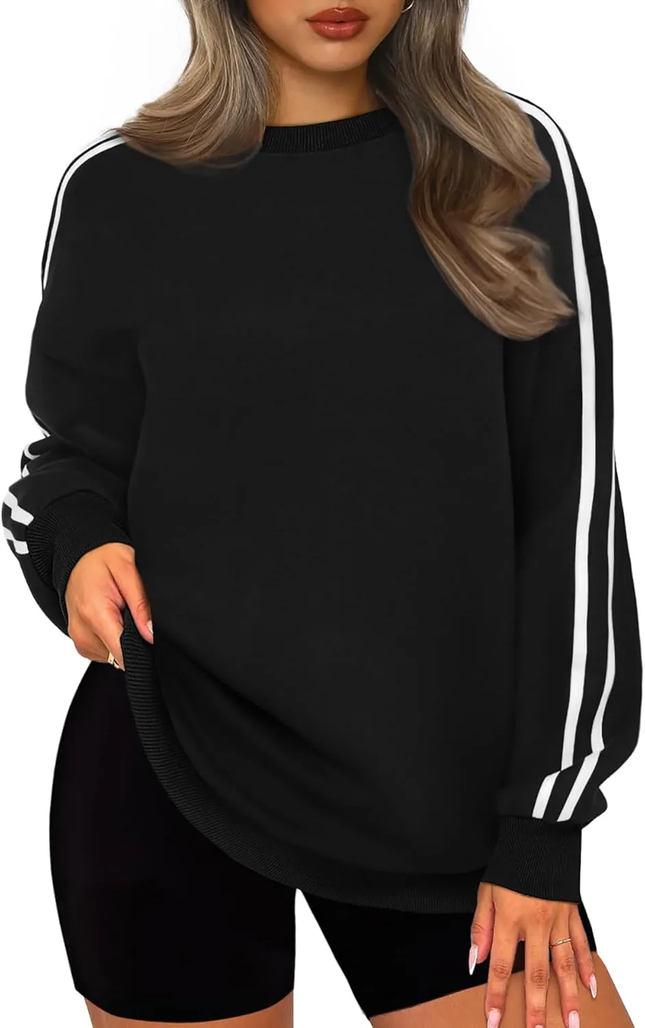 WIHOLL Womens Sweatshirts Oversized Long Sleeve Pullover Striped Shirts Crewneck Fall Outfits Y2K Preppy Clothes