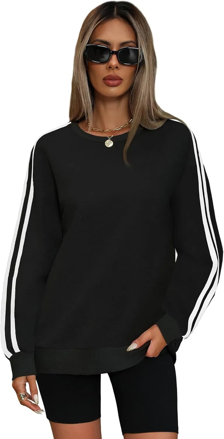 WIHOLL Womens Sweatshirts Oversized Long Sleeve Pullover Striped Shirts Crewneck Fall Outfits Y2K Preppy Clothes