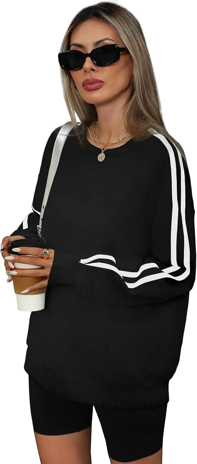 WIHOLL Womens Sweatshirts Oversized Long Sleeve Pullover Striped Shirts Crewneck Fall Outfits Y2K Preppy Clothes