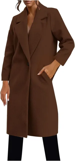 Winter Coats for Women 2024 Mid-Long Wool Blend Overcoats Classic Notched Lapel Collar Single-Breasted Pea Coats