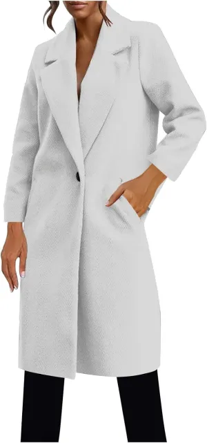 Winter Coats for Women 2024 Mid-Long Wool Blend Overcoats Classic Notched Lapel Collar Single-Breasted Pea Coats