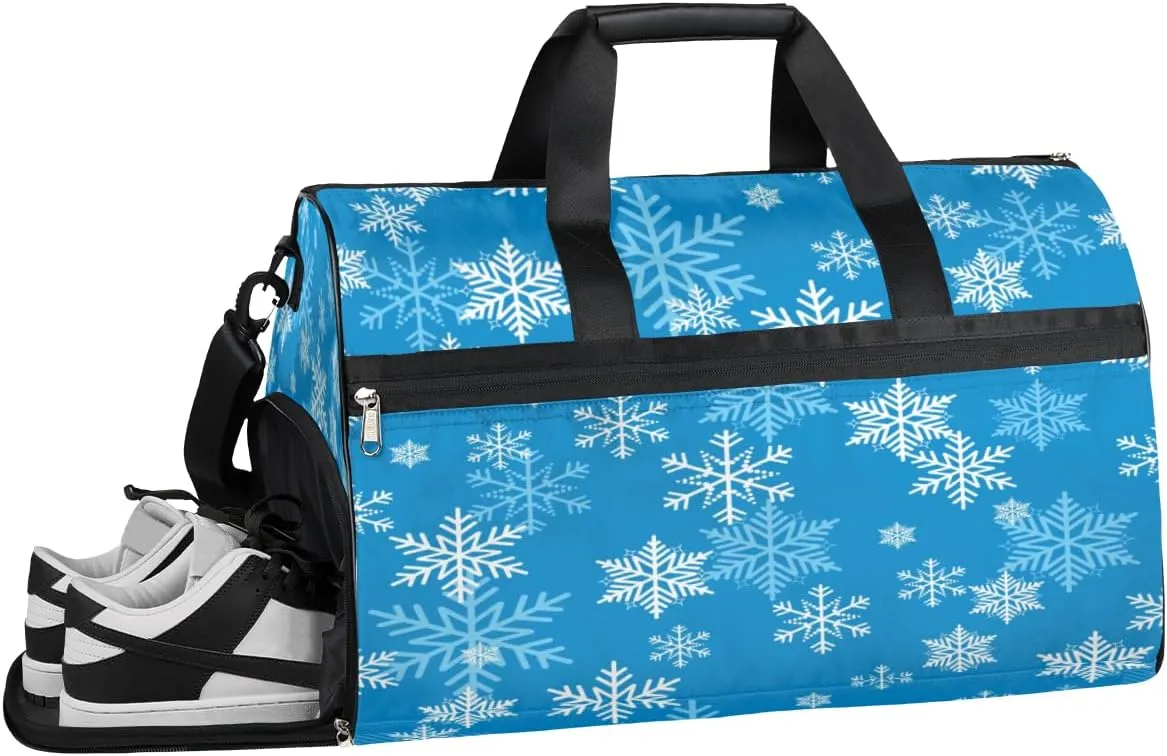 Winter Snowflake Pattern Sports Gym Bag with Wet Pocket & Shoes Compartment Waterproof Workout Duffel Bag for Women and Men Weekender Overnight Duffle Bag Travel Carry-on Tote