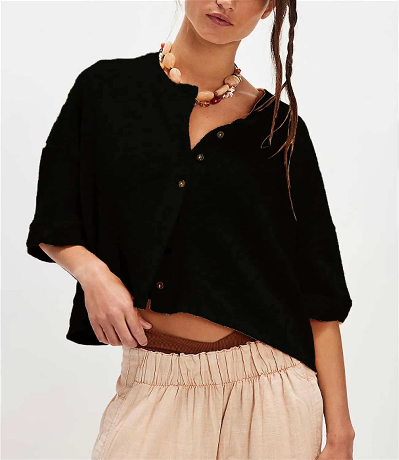 Women Cropped Cardigan T-Shirt Y2k Girls Casual Shirt Short Sleeve Button Down Open Front Loose Tee Crop Tops