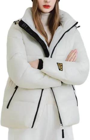 Women Cute Solid Casual Lapel Hooed Zip Down Jacket Pockets Quilted Parka Jacket Puffer Warm Thicken Coat