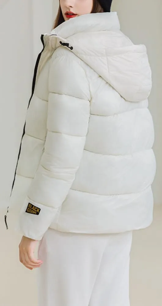 Women Cute Solid Casual Lapel Hooed Zip Down Jacket Pockets Quilted Parka Jacket Puffer Warm Thicken Coat