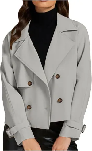 Women Fall Trench Coats Double Breasted Cropped Jackets Fashion Notch Lapel Coats Casual Solid Color Outerwear Tops