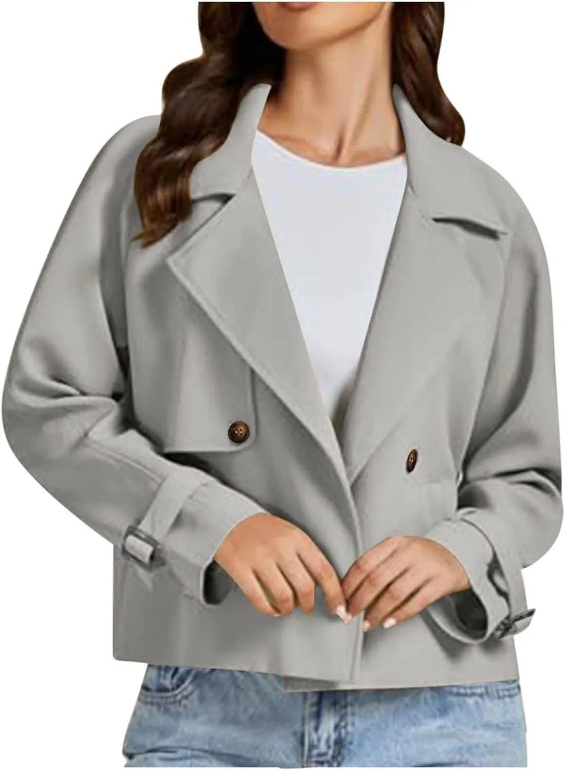 Women Fall Trench Coats Double Breasted Cropped Jackets Fashion Notch Lapel Coats Casual Solid Color Outerwear Tops
