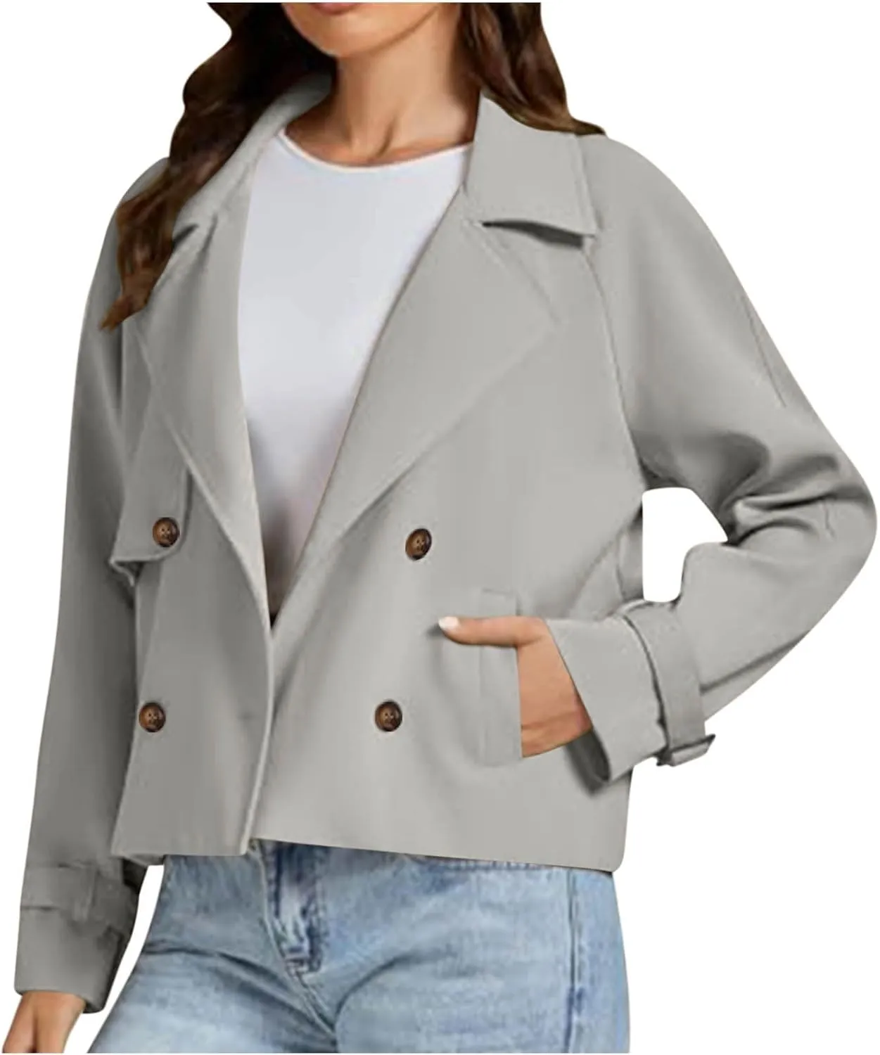 Women Fall Trench Coats Double Breasted Cropped Jackets Fashion Notch Lapel Coats Casual Solid Color Outerwear Tops