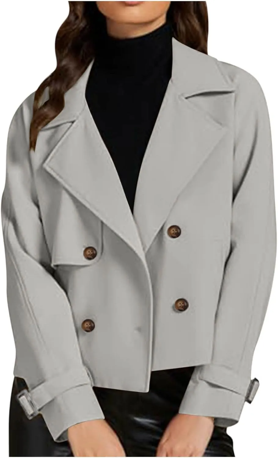 Women Fall Trench Coats Double Breasted Cropped Jackets Fashion Notch Lapel Coats Casual Solid Color Outerwear Tops