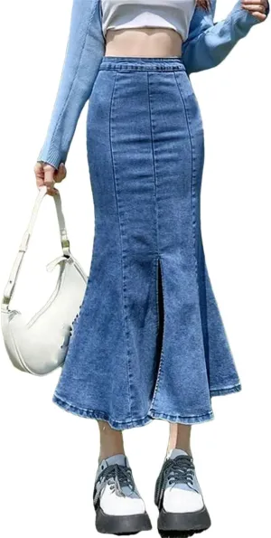 Women Flounce High Waist Skinny Stretch Vintage Split Hip Wrap Denim Skirt