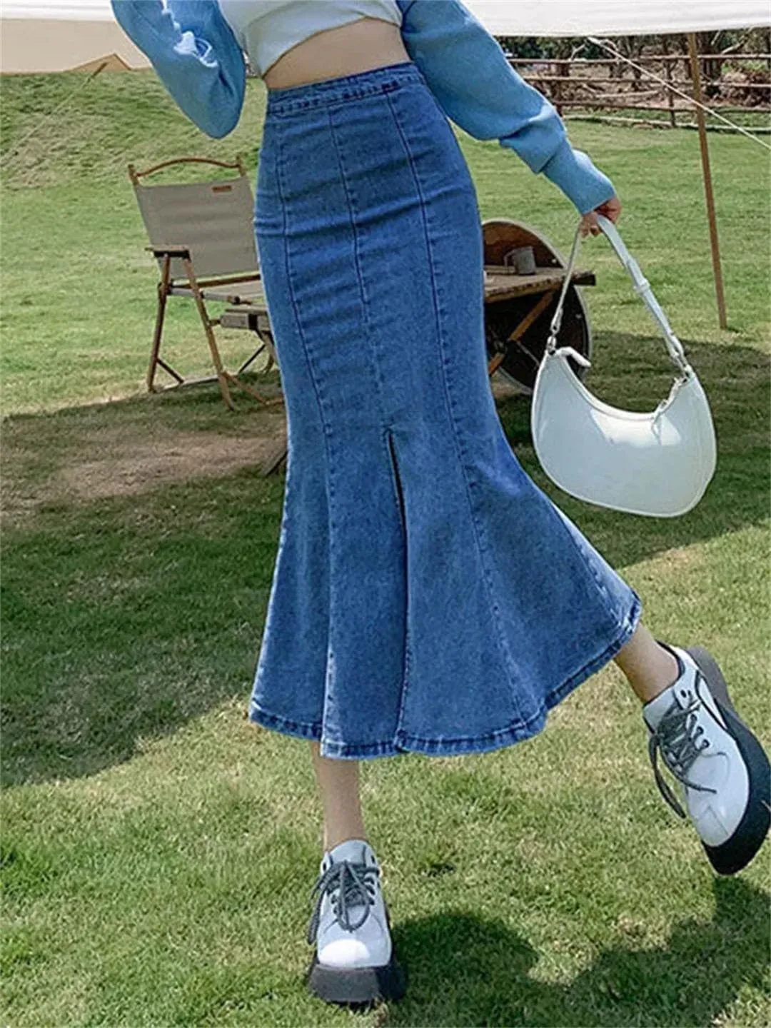 Women Flounce High Waist Skinny Stretch Vintage Split Hip Wrap Denim Skirt