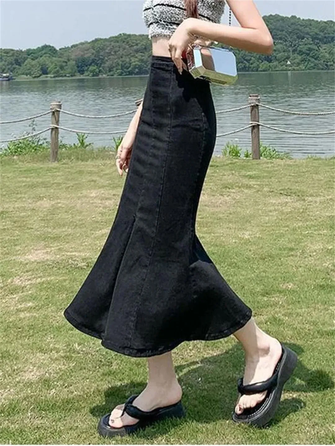 Women Flounce High Waist Skinny Stretch Vintage Split Hip Wrap Denim Skirt