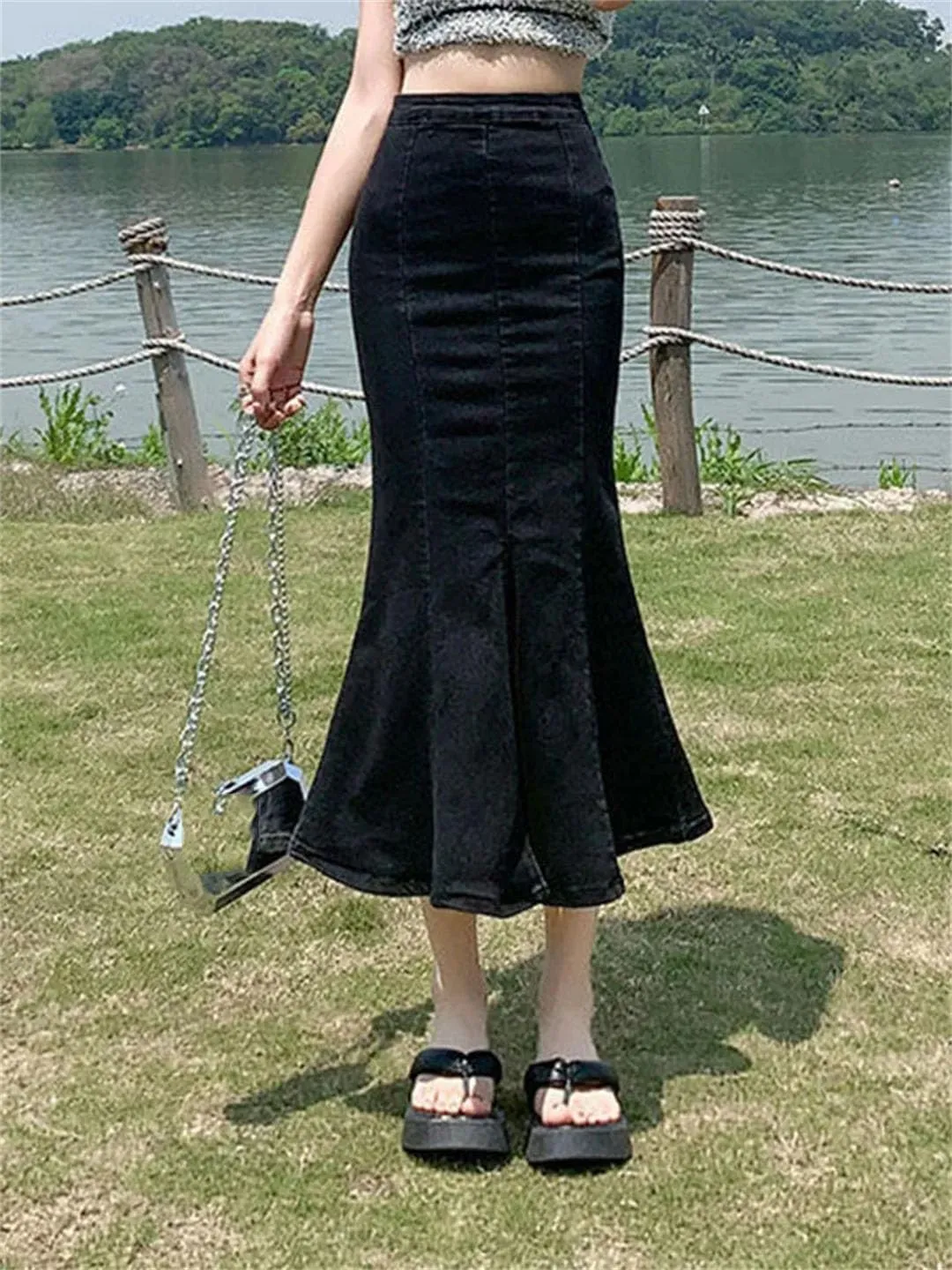 Women Flounce High Waist Skinny Stretch Vintage Split Hip Wrap Denim Skirt