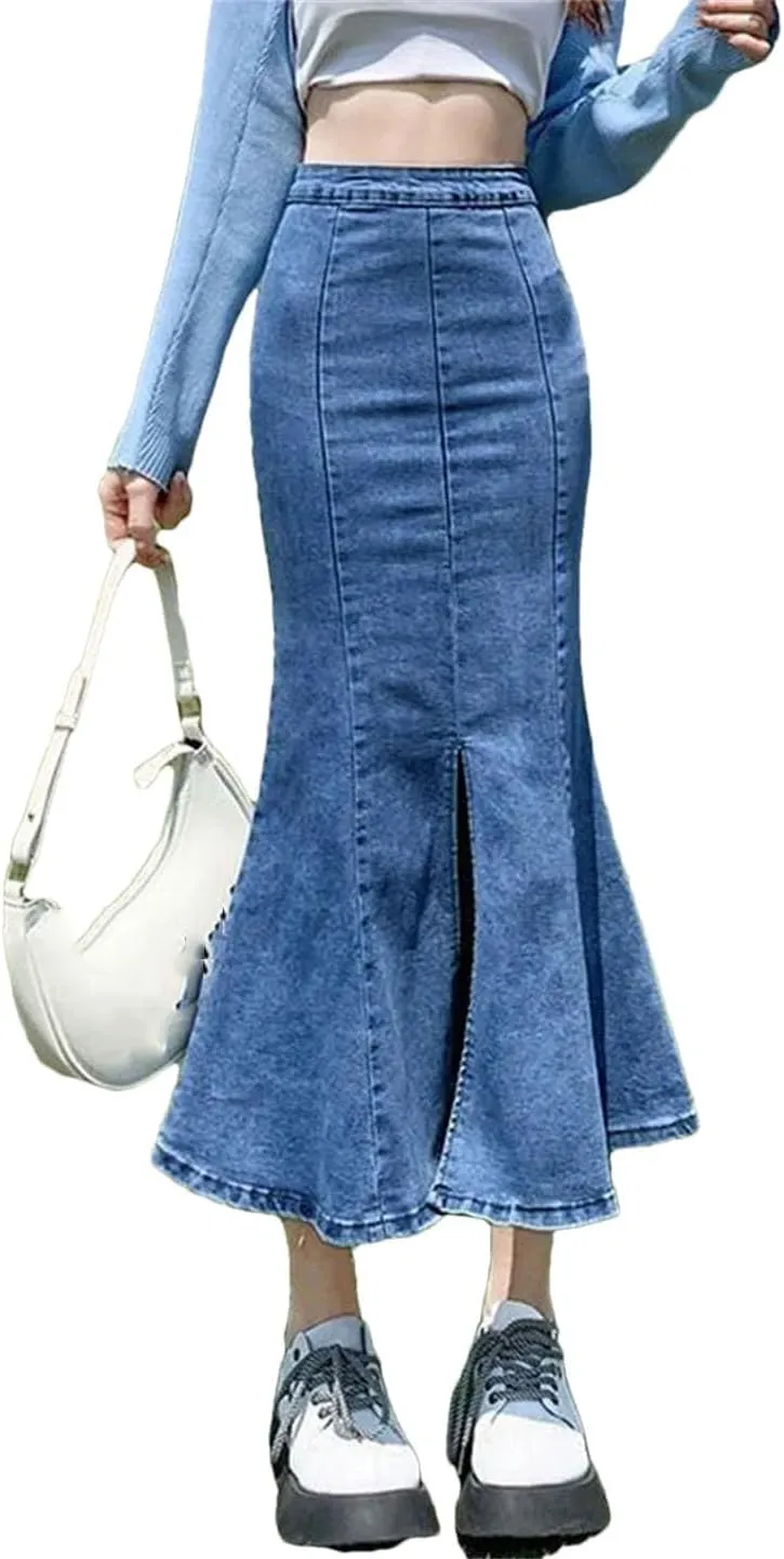 Women Flounce High Waist Skinny Stretch Vintage Split Hip Wrap Denim Skirt