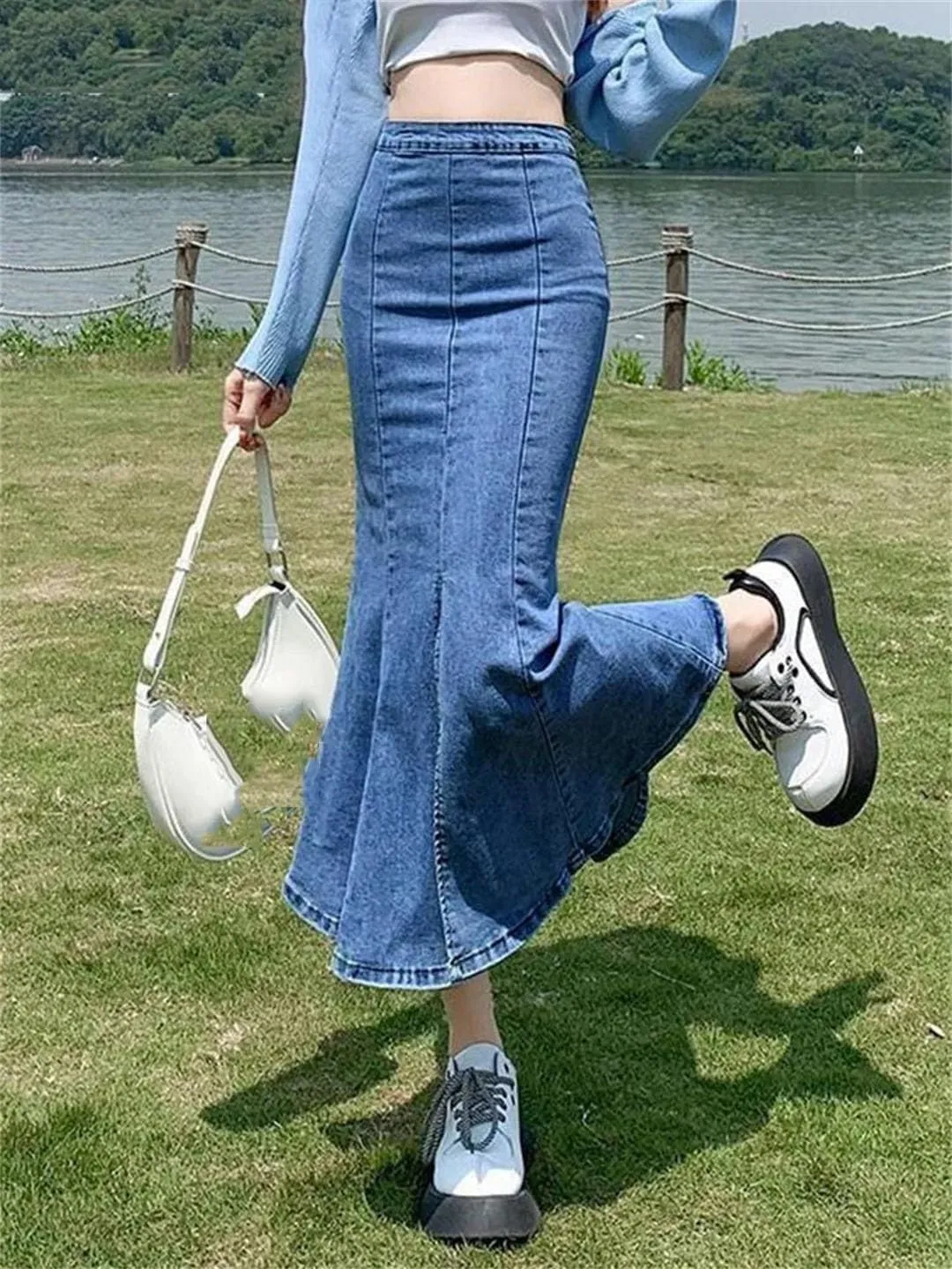 Women Flounce High Waist Skinny Stretch Vintage Split Hip Wrap Denim Skirt