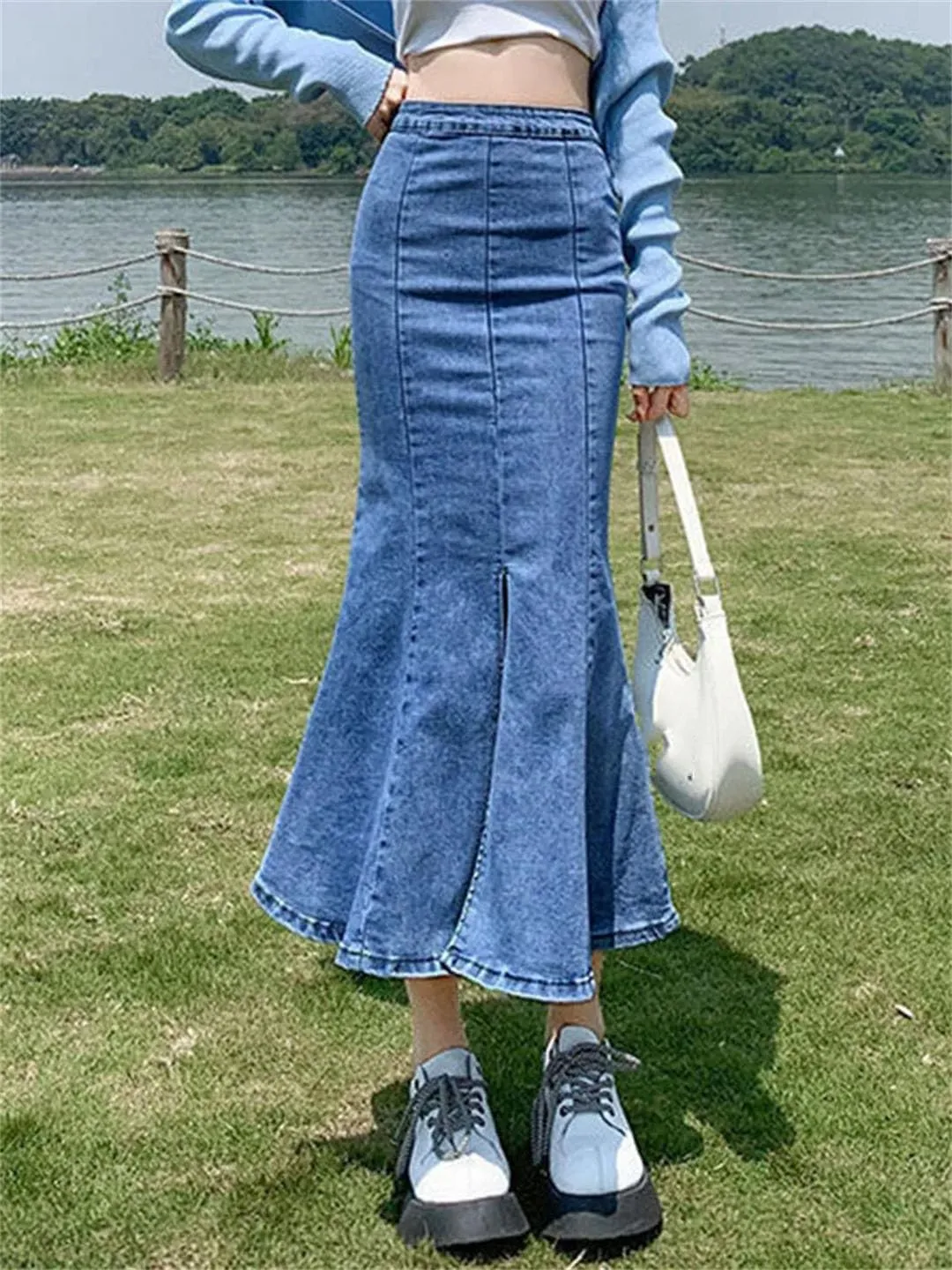 Women Flounce High Waist Skinny Stretch Vintage Split Hip Wrap Denim Skirt