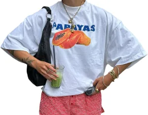 Women Graphic Oversized Tee Y2k Fruit Print Short Sleeve White Top Crewneck Cute Aesthetic Tee Shirts Summer