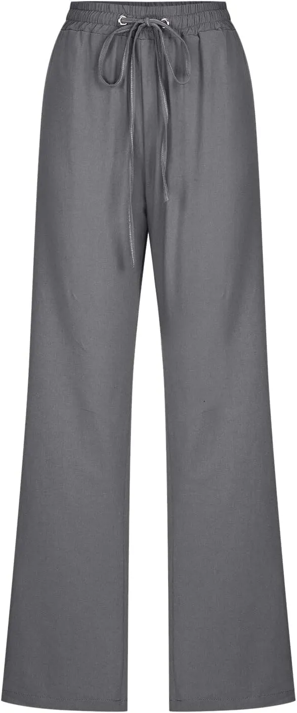 Women High Waisted Wide Leg Pants Casual Drawstring Elastic Trousers Comfy Straight Leg Long Pants with Pockets