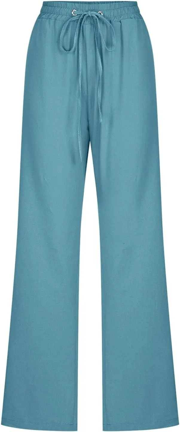 Women High Waisted Wide Leg Pants Casual Drawstring Elastic Trousers Comfy Straight Leg Long Pants with Pockets