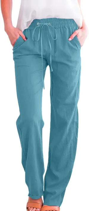 Women High Waisted Wide Leg Pants Casual Drawstring Elastic Trousers Comfy Straight Leg Long Pants with Pockets