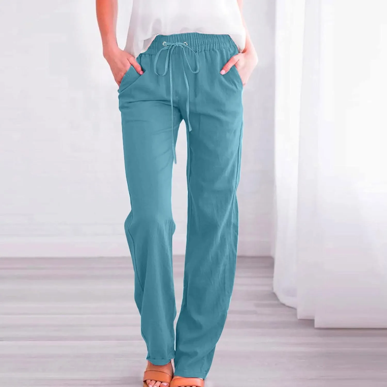 Women High Waisted Wide Leg Pants Casual Drawstring Elastic Trousers Comfy Straight Leg Long Pants with Pockets