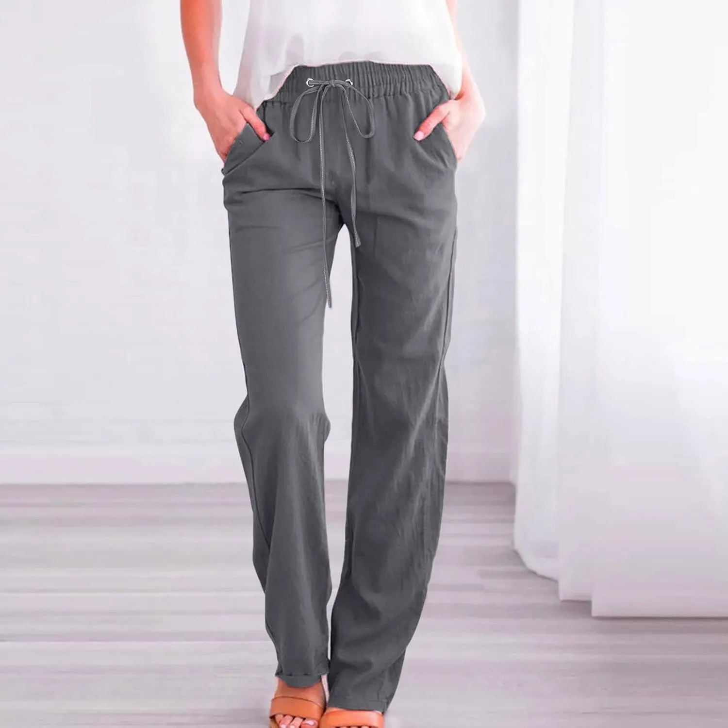 Women High Waisted Wide Leg Pants Casual Drawstring Elastic Trousers Comfy Straight Leg Long Pants with Pockets