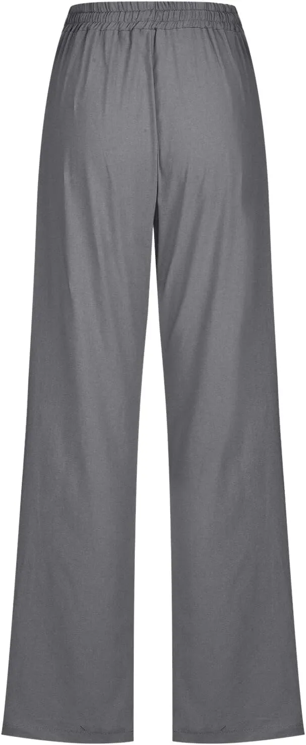 Women High Waisted Wide Leg Pants Casual Drawstring Elastic Trousers Comfy Straight Leg Long Pants with Pockets