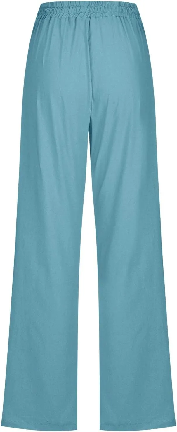 Women High Waisted Wide Leg Pants Casual Drawstring Elastic Trousers Comfy Straight Leg Long Pants with Pockets