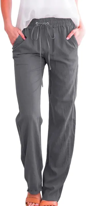 Women High Waisted Wide Leg Pants Casual Drawstring Elastic Trousers Comfy Straight Leg Long Pants with Pockets