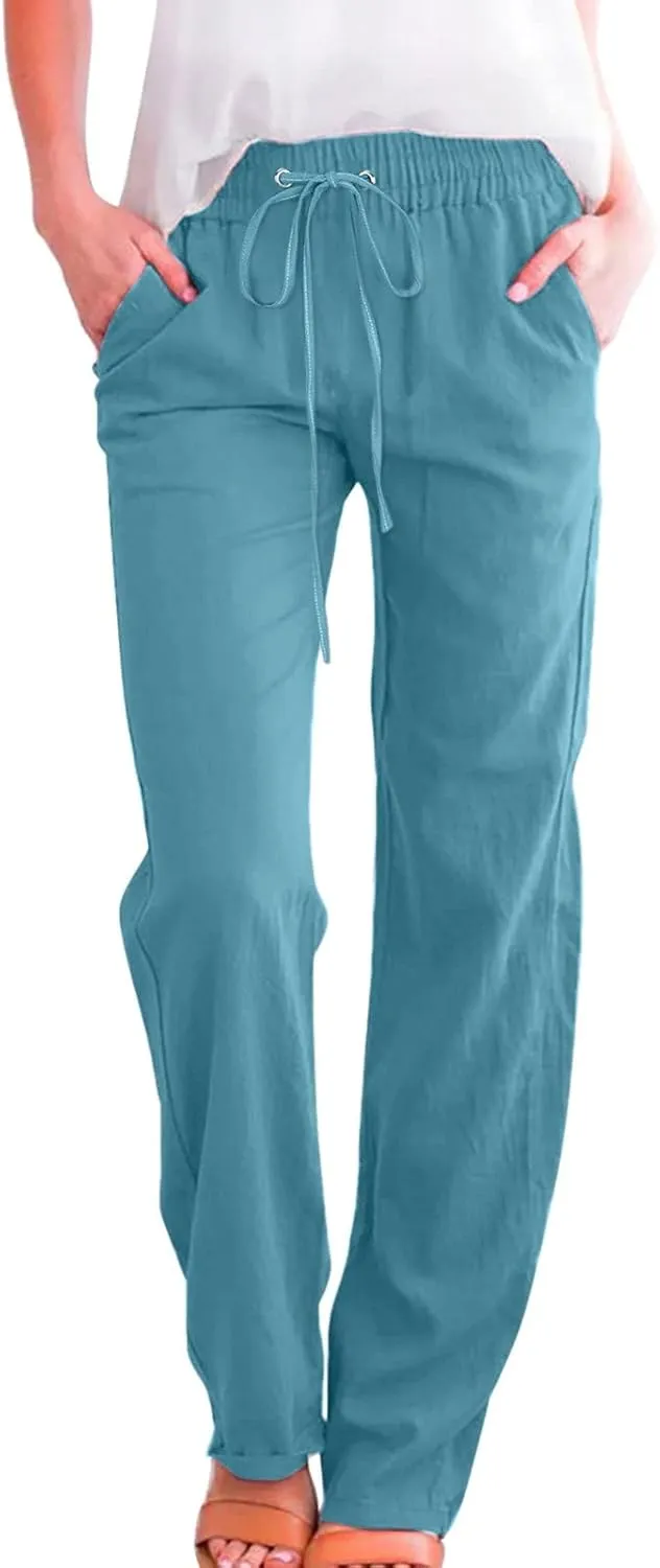 Women High Waisted Wide Leg Pants Casual Drawstring Elastic Trousers Comfy Straight Leg Long Pants with Pockets