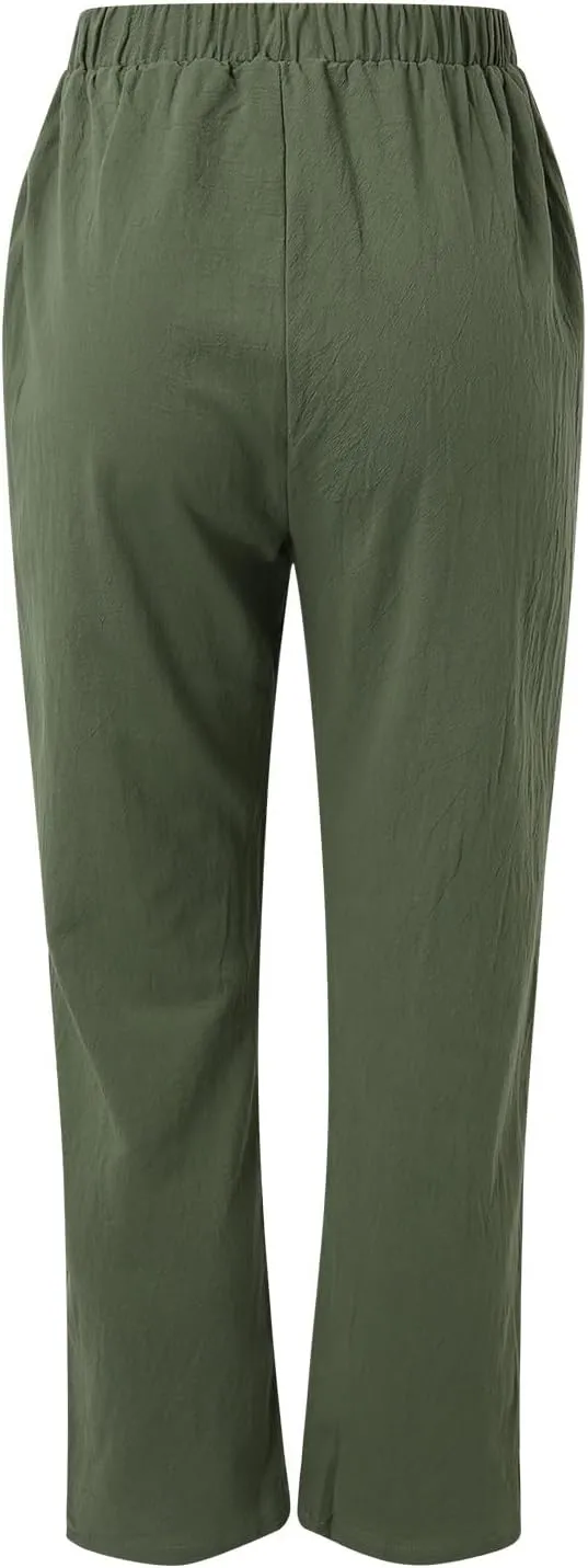 Women High Waisted Wide Leg Pants Fashion Drawstring Elastic Trousers Comfy Straight Leg Long Pants with Pockets