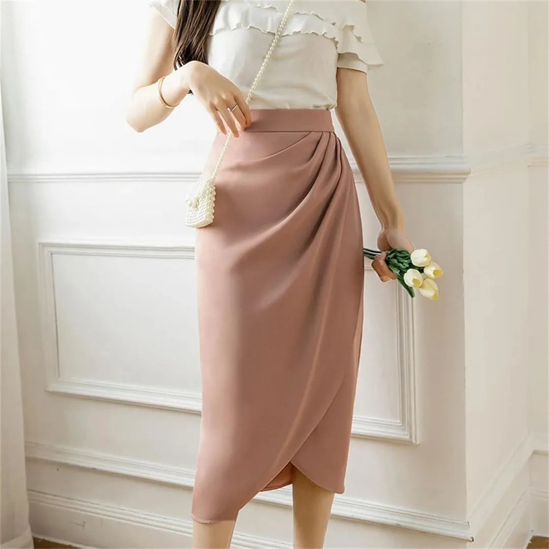 Women Irregular Pleated Skirts Summer Office Lady High Waist A-Line Mid Length Casual Skirts
