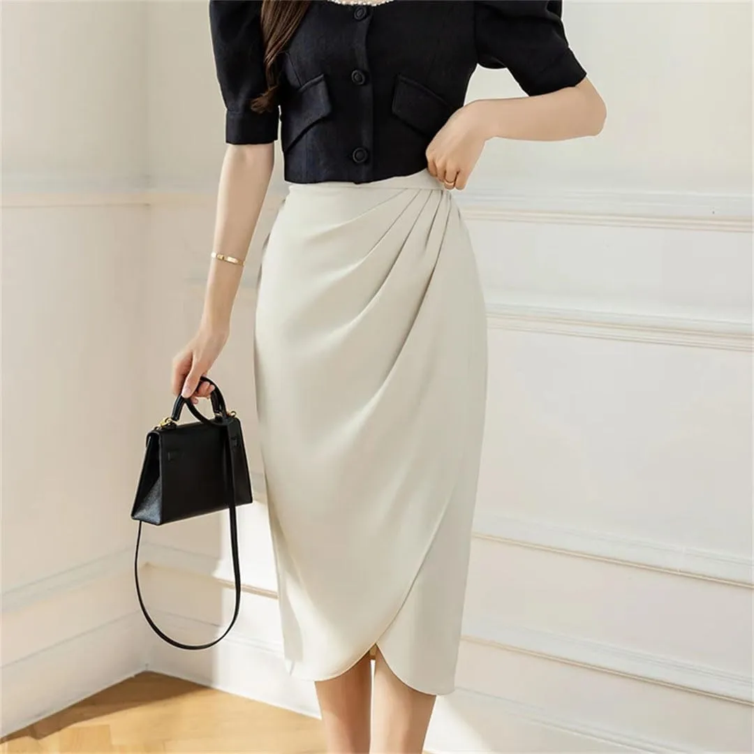 Women Irregular Pleated Skirts Summer Office Lady High Waist A-Line Mid Length Casual Skirts