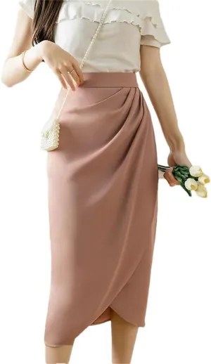 Women Irregular Pleated Skirts Summer Office Lady High Waist A-Line Mid Length Casual Skirts