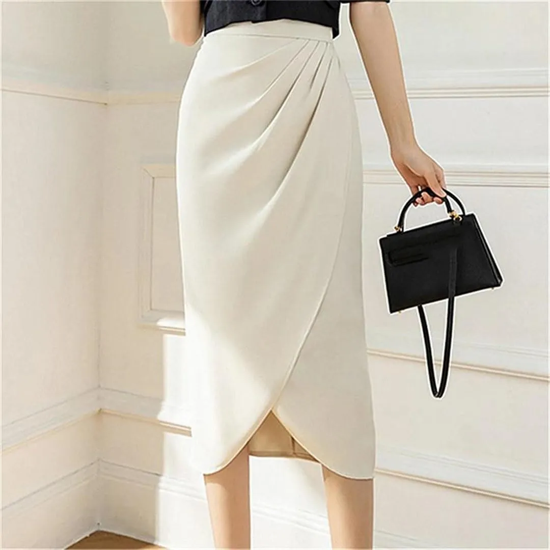 Women Irregular Pleated Skirts Summer Office Lady High Waist A-Line Mid Length Casual Skirts