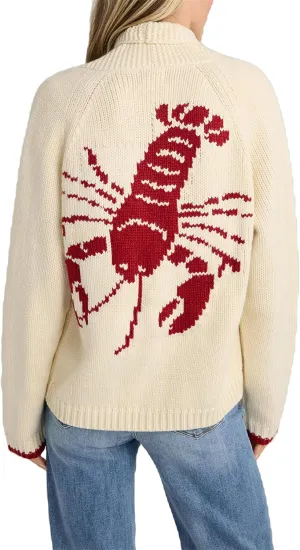 Women Lobster Print Sweater Cardigan Shawl Collar Long Sleeve V Neck Button Down Knit Top Vintage Chunky Jumper Coat