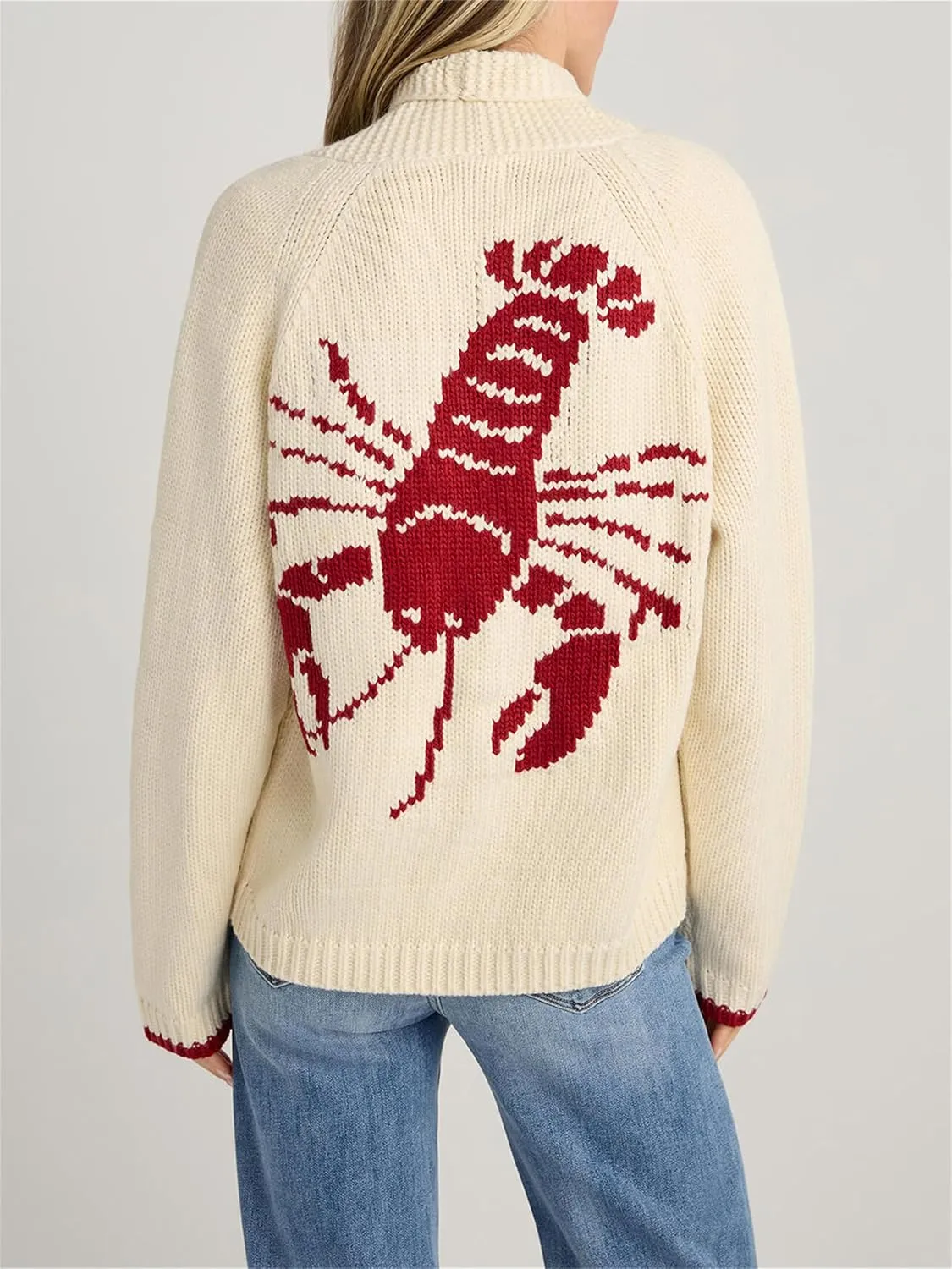Women Lobster Print Sweater Cardigan Shawl Collar Long Sleeve V Neck Button Down Knit Top Vintage Chunky Jumper Coat