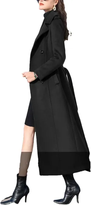 Women Long Woolen Coat Autumn Winter Fashion Double Breasted Slim Blends Overcoat Thicken Warm Outerwear