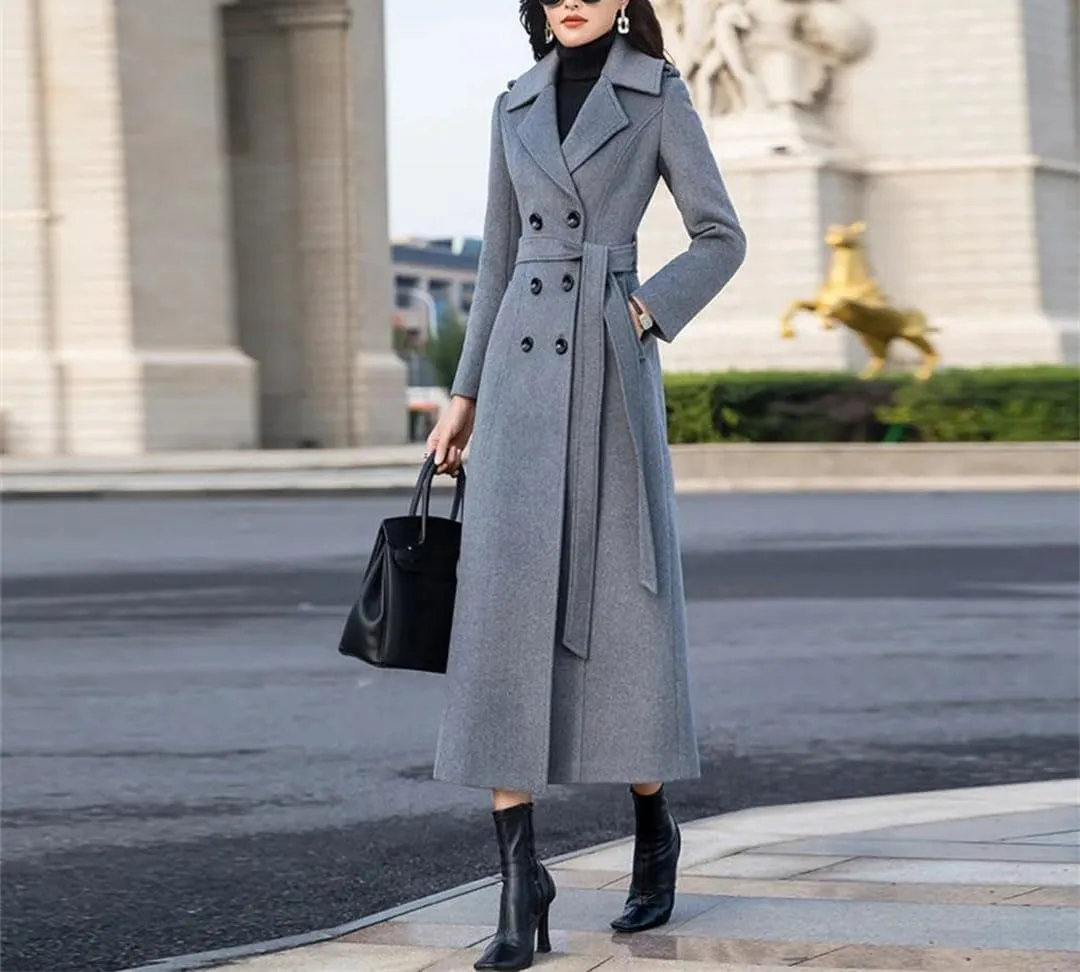 Women Long Woolen Coat Autumn Winter Fashion Double Breasted Slim Blends Overcoat Thicken Warm Outerwear