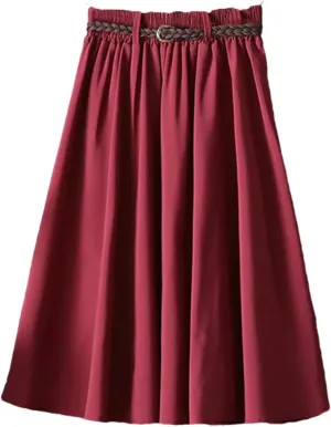 Women Midi Knee Length Summer Skirt with Belt Fashion Korean Ladies High Waist Pleated A-Line Skirts