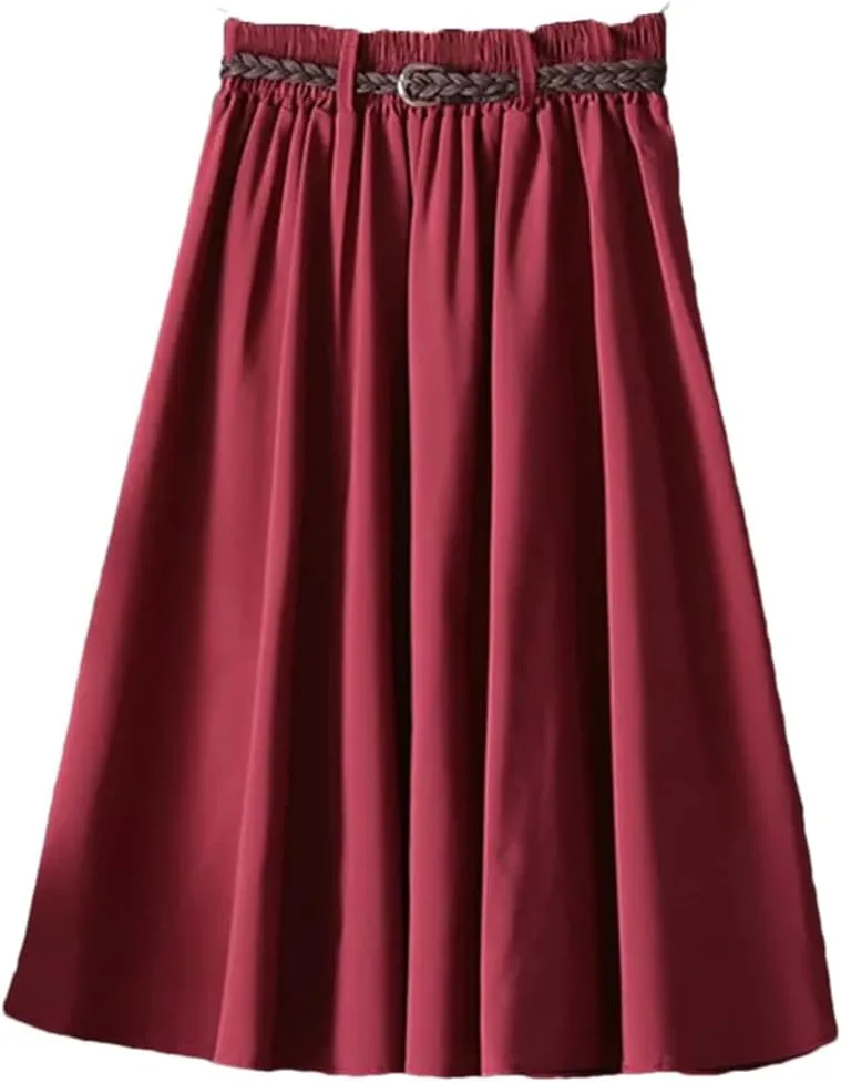 Women Midi Knee Length Summer Skirt with Belt Fashion Korean Ladies High Waist Pleated A-Line Skirts