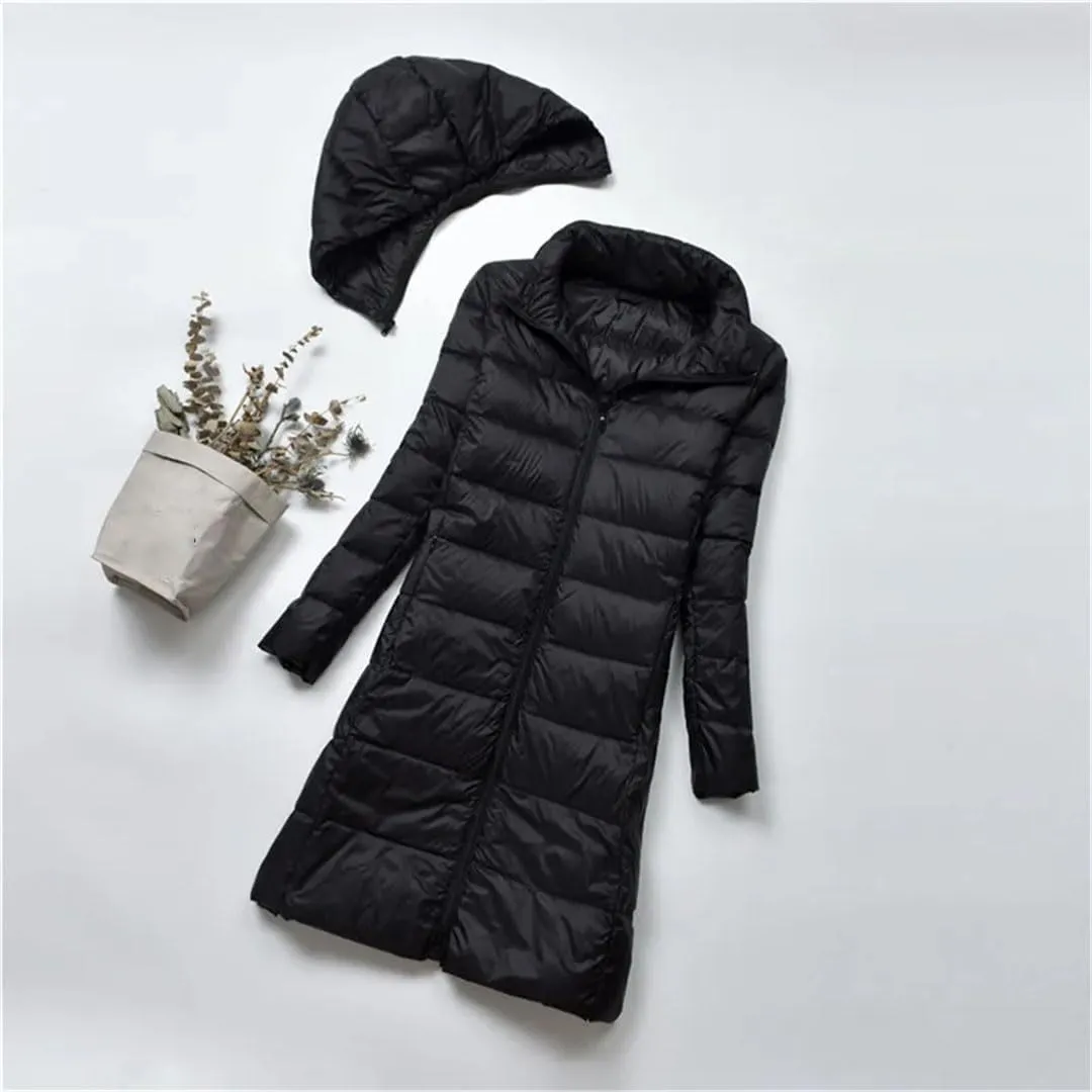 Women Midi Long Puffer Outerwear Warm Down Jacket Female Hooded Down Coat Parkas