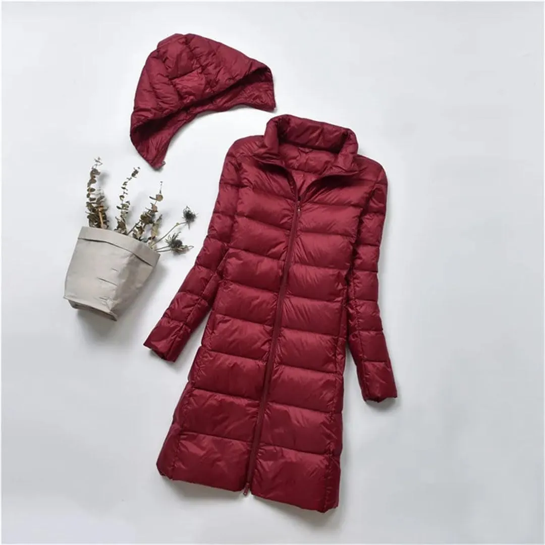 Women Midi Long Puffer Outerwear Warm Down Jacket Female Hooded Down Coat Parkas