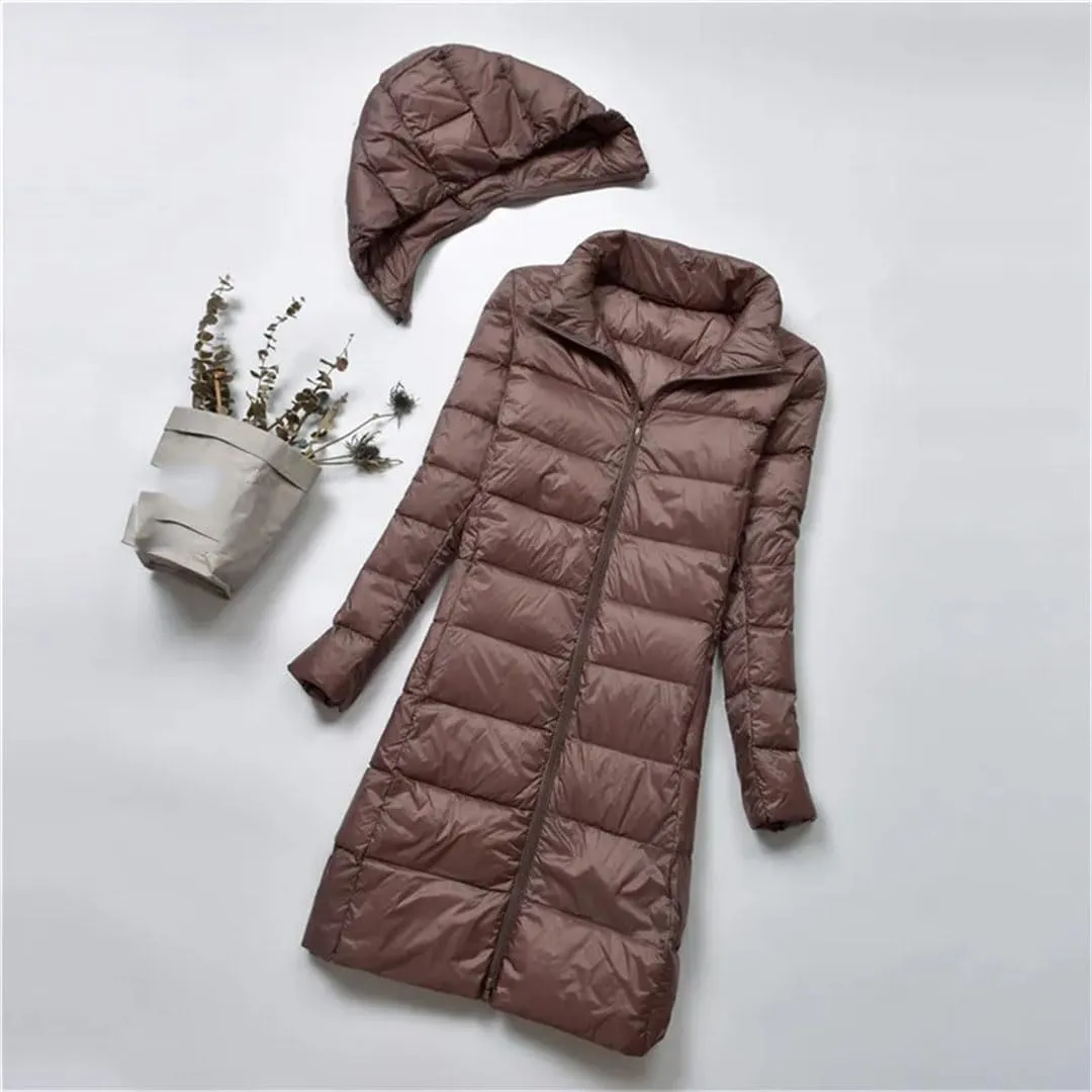 Women Midi Long Puffer Outerwear Warm Down Jacket Female Hooded Down Coat Parkas
