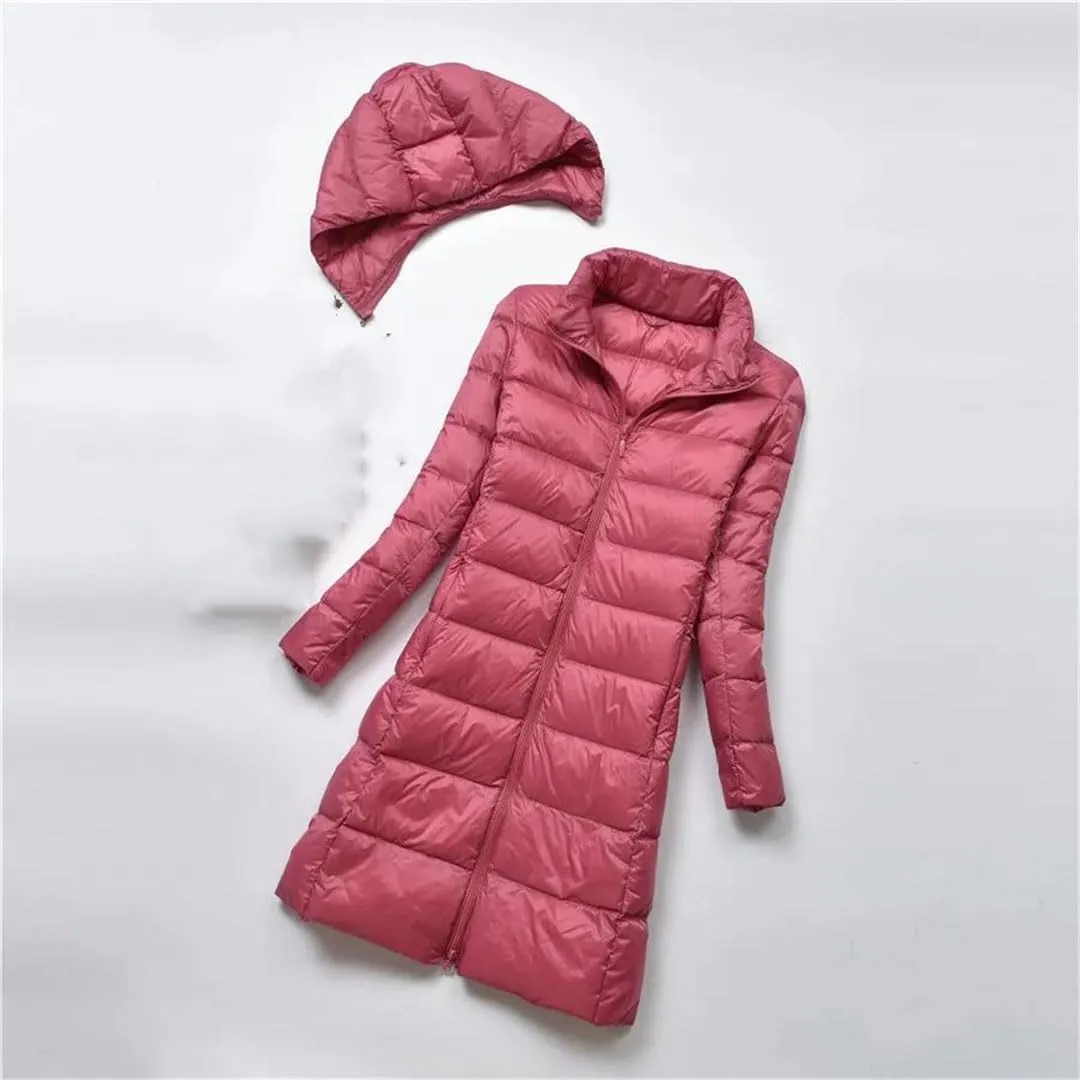 Women Midi Long Puffer Outerwear Warm Down Jacket Female Hooded Down Coat Parkas