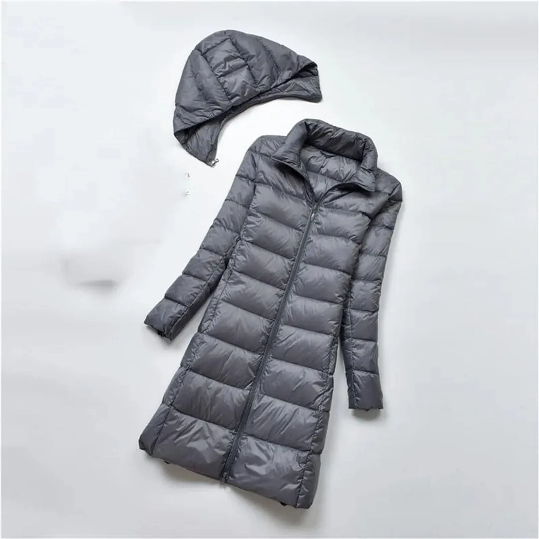 Women Midi Long Puffer Outerwear Warm Down Jacket Female Hooded Down Coat Parkas