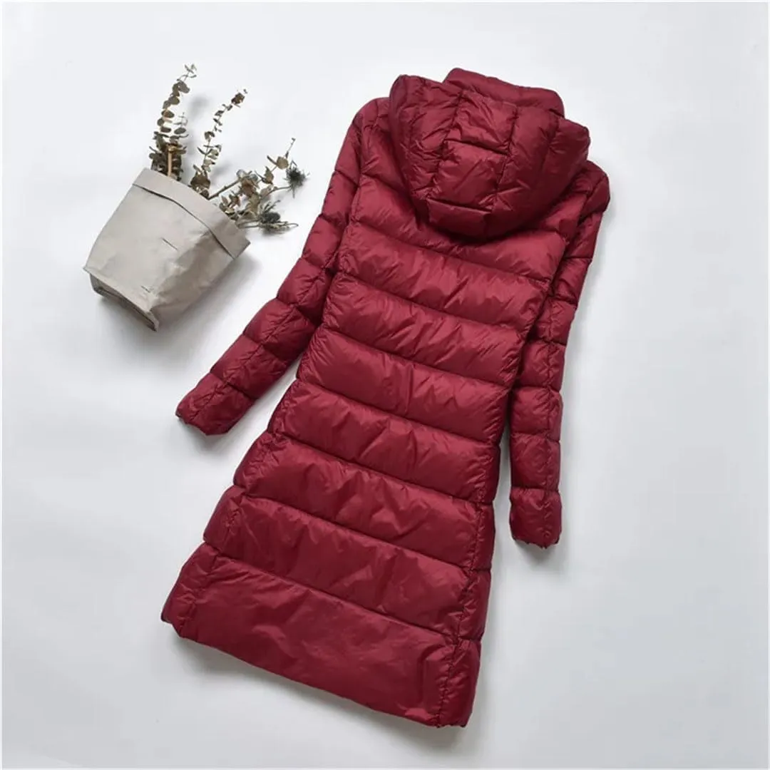 Women Midi Long Puffer Outerwear Warm Down Jacket Female Hooded Down Coat Parkas