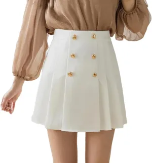 Women Office Summer Pleated Skirts High Waist Zipper Double Breasted Slim Mini Skirt