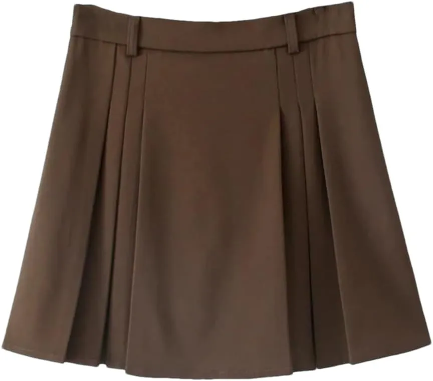 Women Pleated Skater Skirt Oversized Elastic Waist Casual Solid Color Mini Skirts