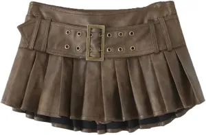 Women Retro with Belt Pleated Mini Skirt Low Waist Faux Leather Skirts